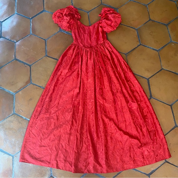 Vintage 80s 90s Red Corset Long Prom Dress Floral Taffeta Party Gown Vamp 7 / 8 - Picture 1 of 8